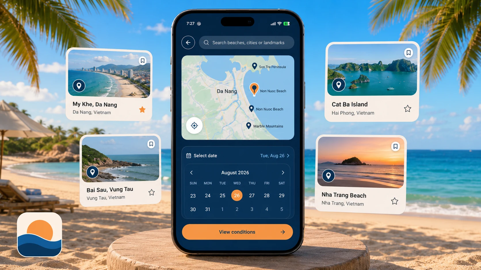 Bora Praia place search and date selection shown with several Vietnamese beach destinations.