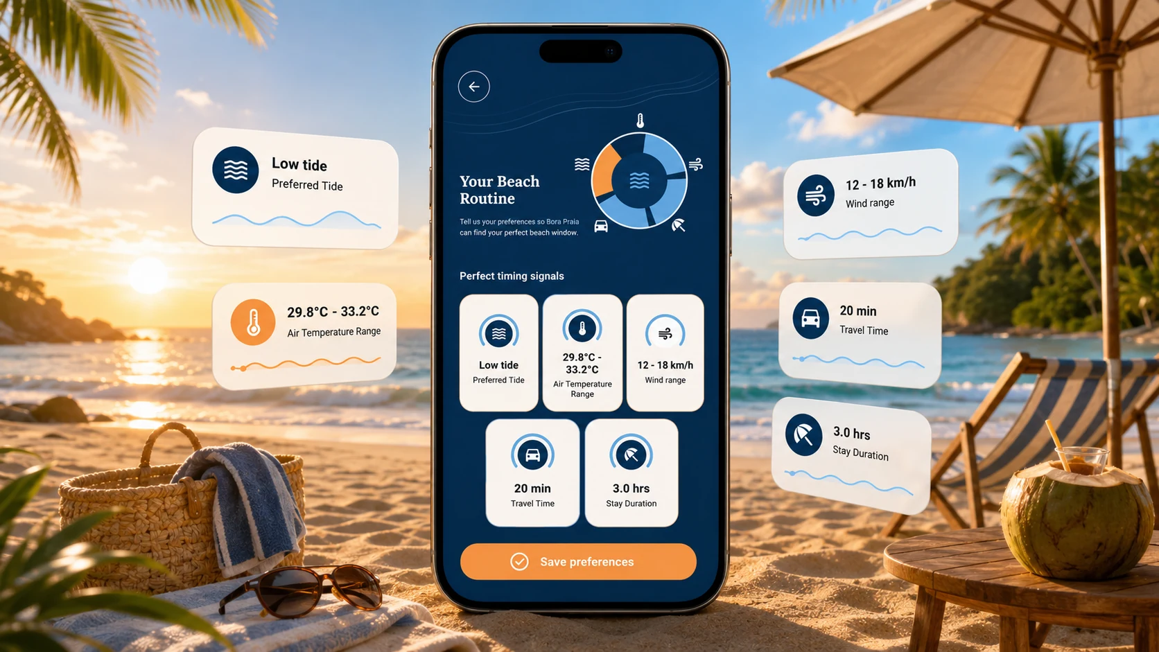 Bora Praia preference controls for tide, temperature, wind, travel time, and stay duration.