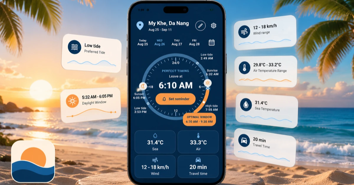 Bora Praia showing a recommended beach departure time alongside tide, daylight, temperature, wind, sea temperature, and travel-time conditions.