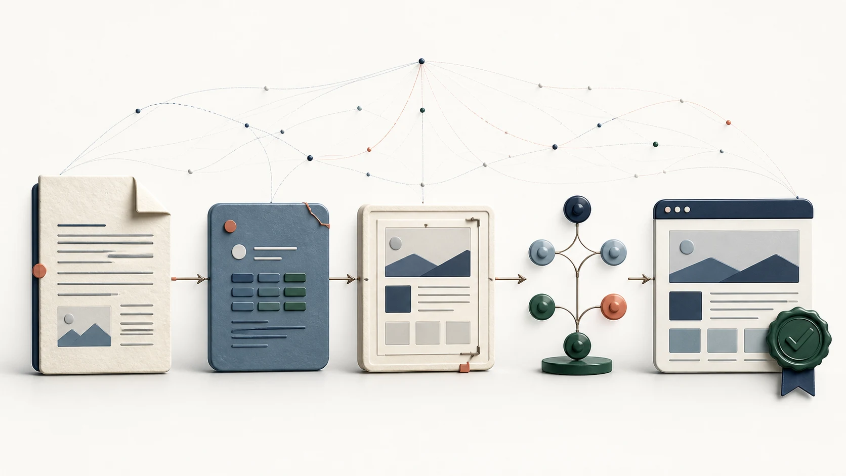A file, metadata card, page template, version-control graph, and validated website connected as one publishing workflow.