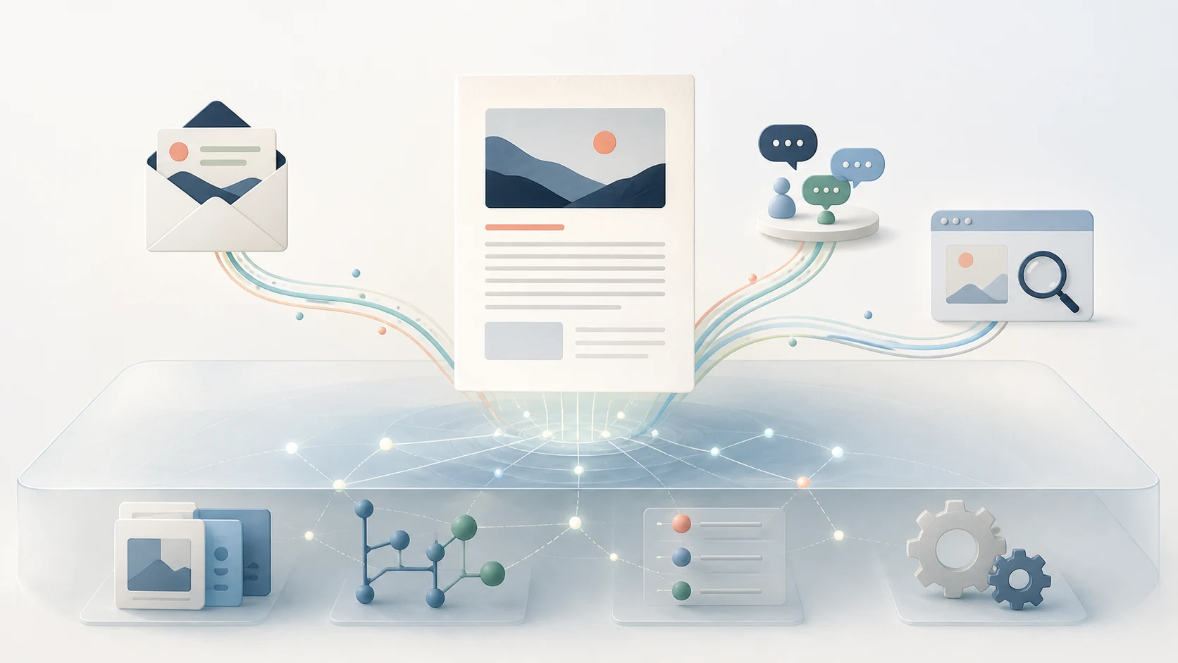 A published article connected to email, community discussion, and search while files, version history, metadata, and deployment remain beneath a translucent layer.