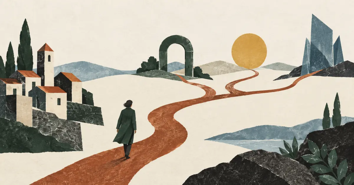 A lone figure considers branching rust-colored paths toward different abstract structures in a cream landscape.