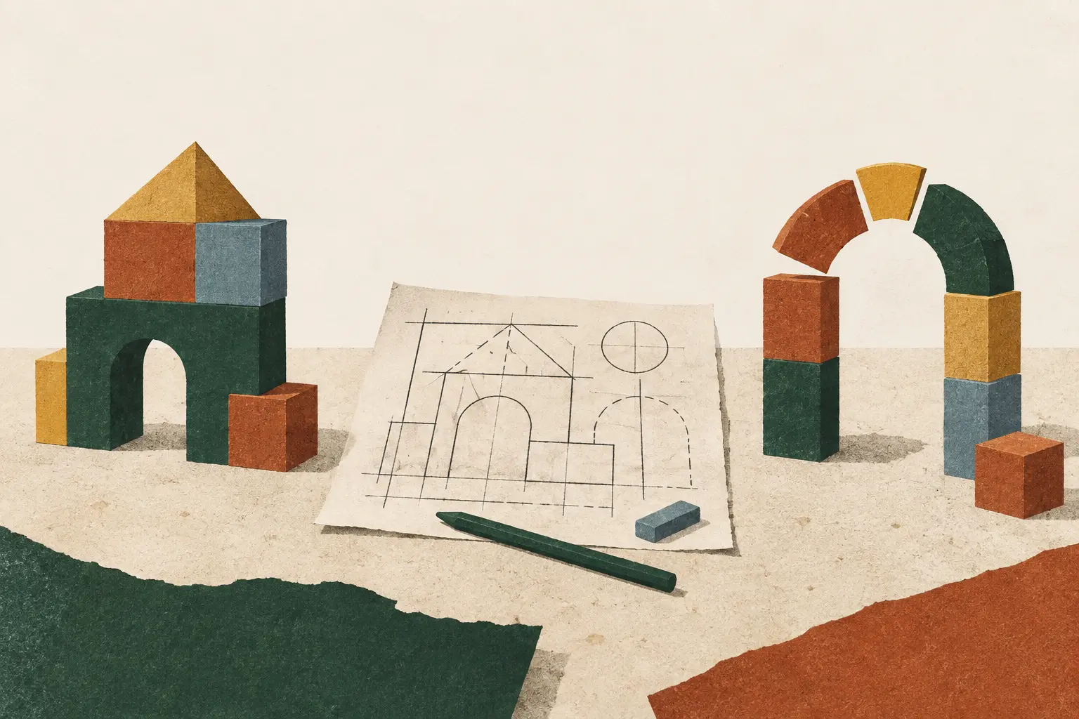 A building, an architectural sketch, and an unfinished arch explore different ways of shaping an idea.