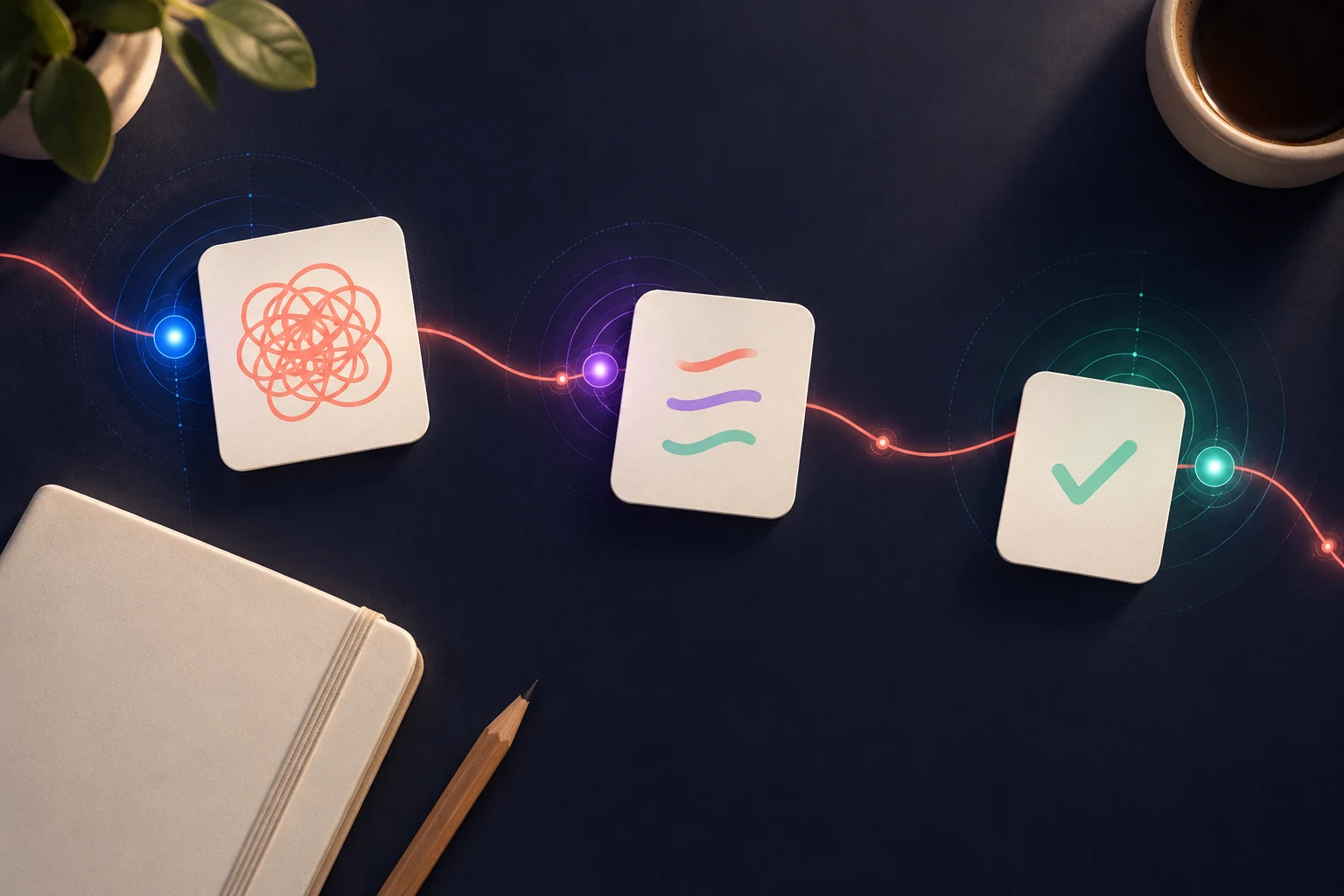 Three cream cards move from a tangled coral scribble to separate strokes and a mint checkmark along a glowing connected path.