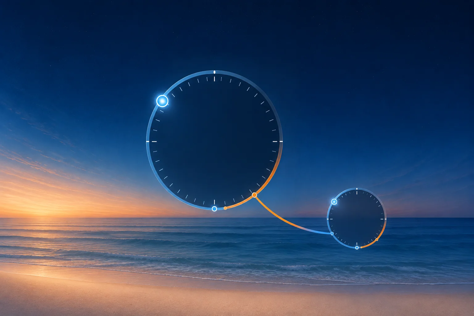 Two connected coastal dials illustrate the same beach outing continuing from a shared plan into a personal plan.