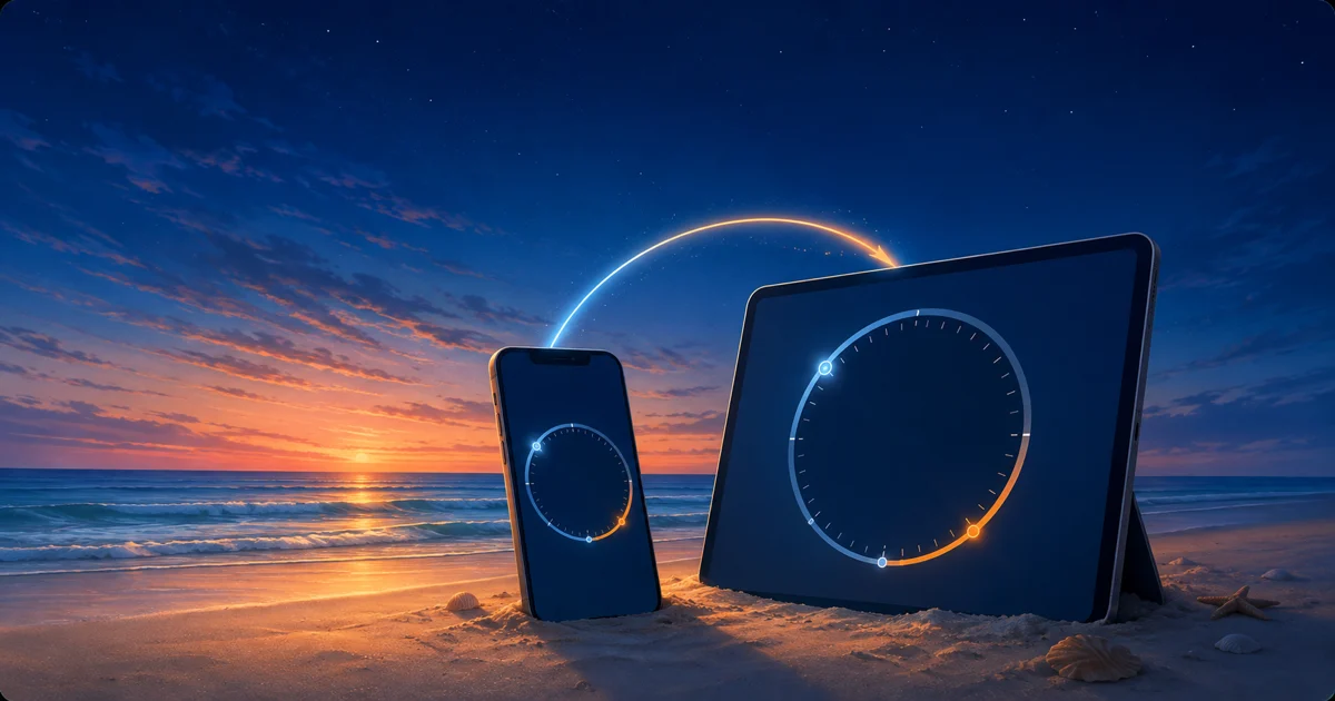 Illustration of a phone and tablet sharing matching coastal timing dials at dawn.