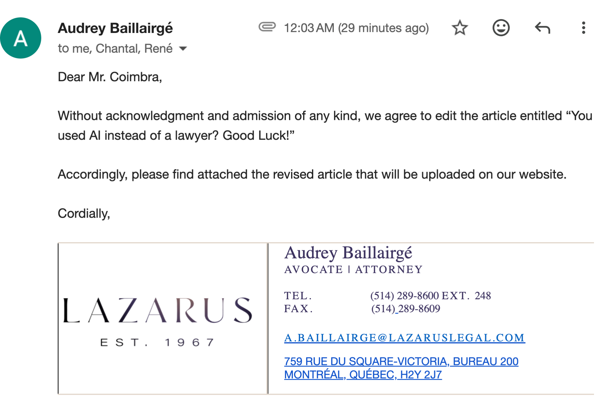 Email from Audrey Baillairgé agreeing, without acknowledgment or admission, to edit the article and upload a revised version.