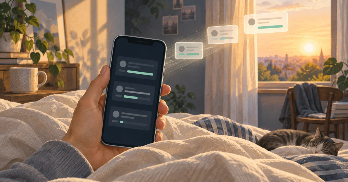 AI-generated editorial illustration of a hand holding a phone in bed, with abstract task cards advancing toward the morning light; not a Codex screenshot.