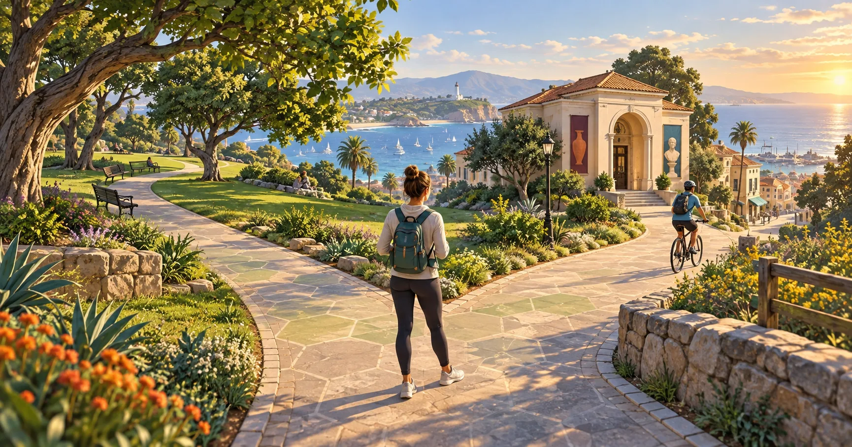 AI-generated editorial illustration of a walker choosing between a leafy coastal park and a small museum, with a cyclist continuing ahead.