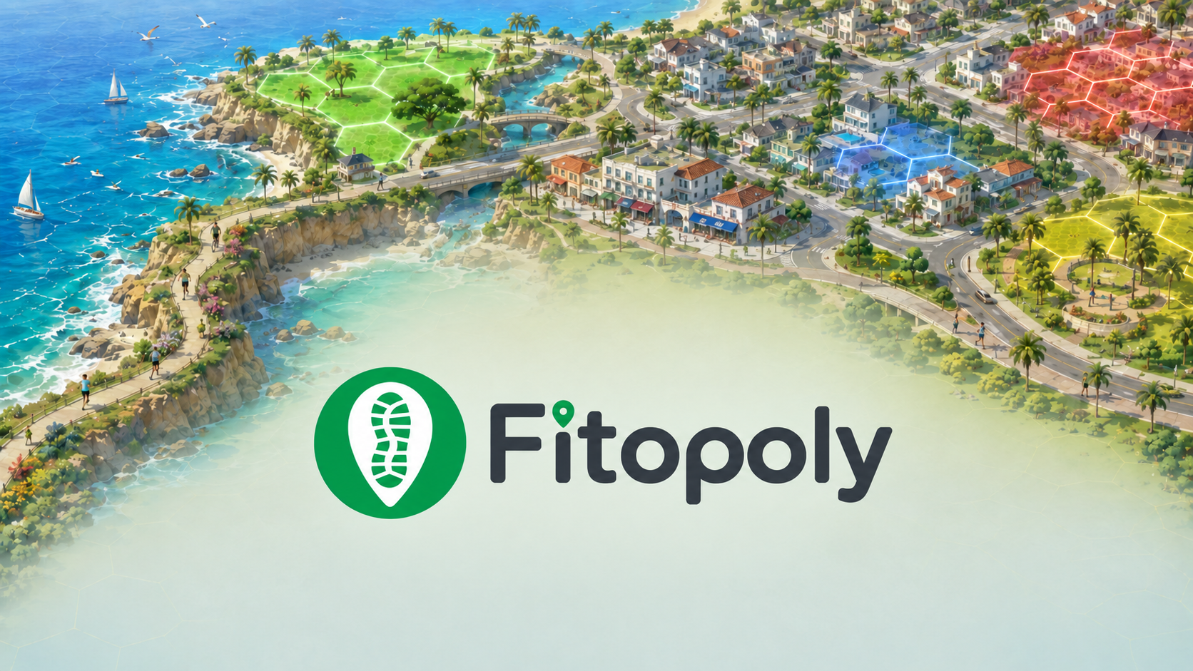 Fitopoly logo centered over illustrated coastal paths and colored hex territories; not an Explore interface screenshot.