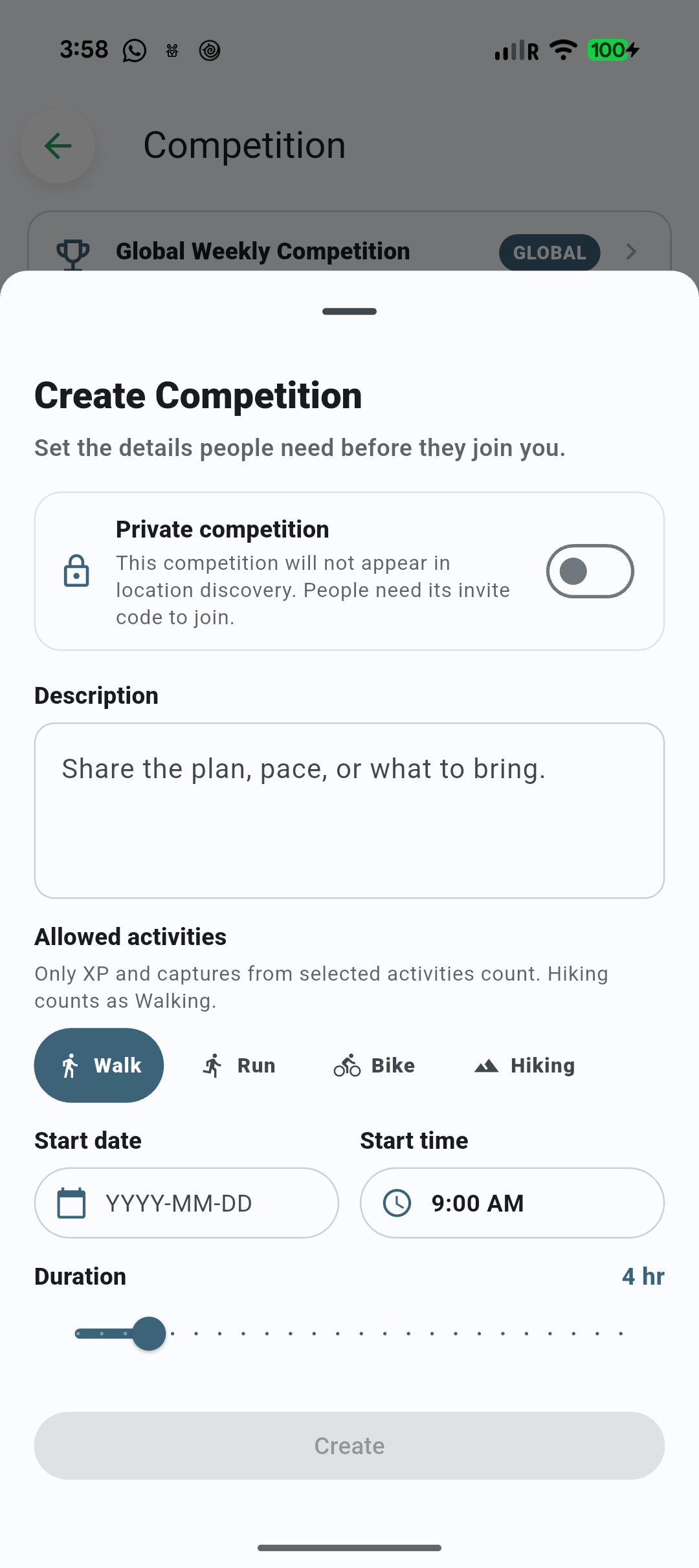 Fitopoly’s Create Competition form with privacy, description, activity, date, time, and duration controls.