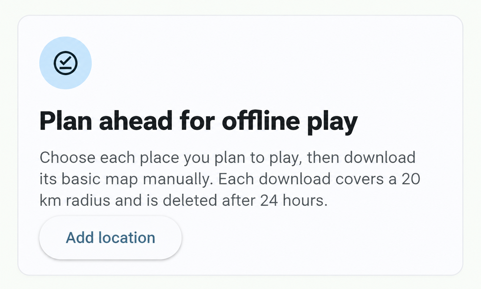 Fitopoly’s offline-play preparation panel explains downloading a basic map before an outing and offers an Add location button.