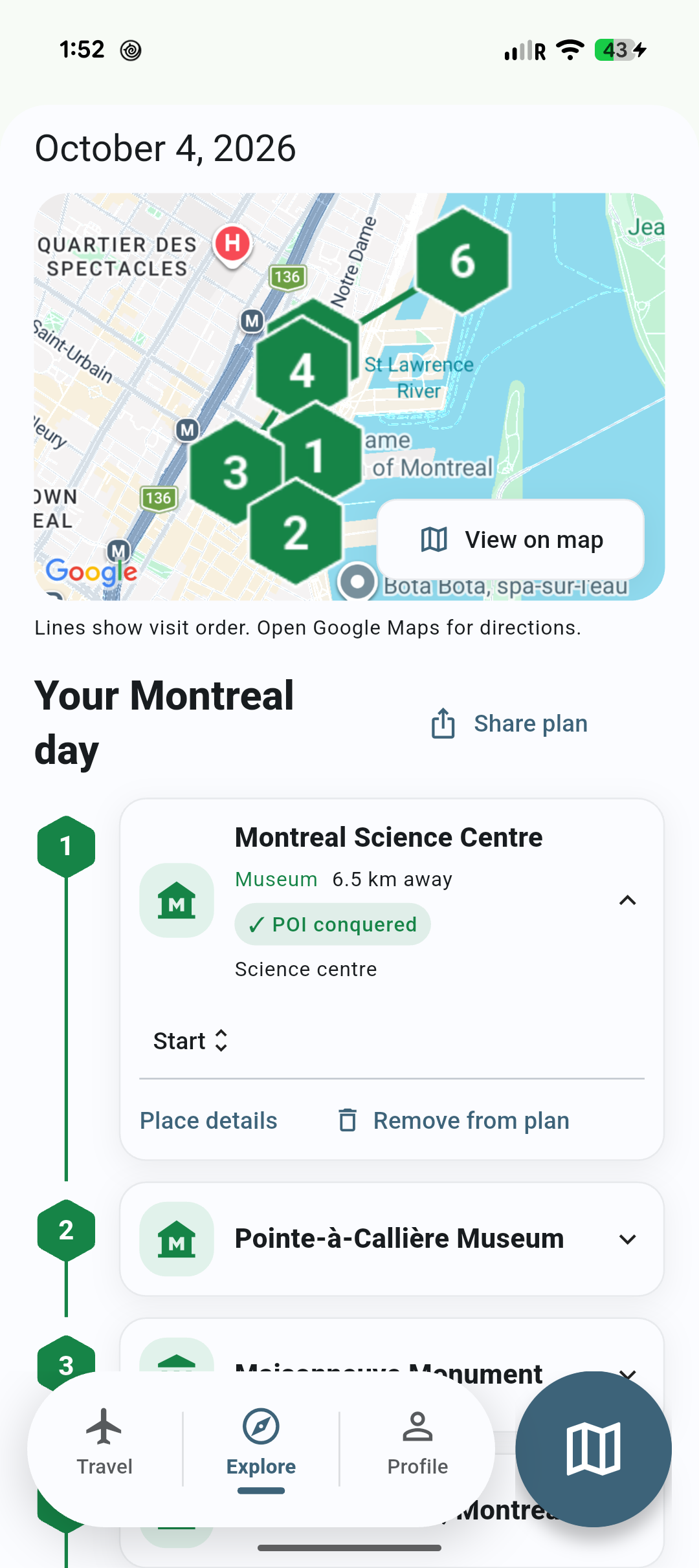 Mobile Explore preview of an October 4 Montreal day plan, with numbered hex markers, a Share plan action, and an expanded Montreal Science Centre stop showing start, details and removal controls.