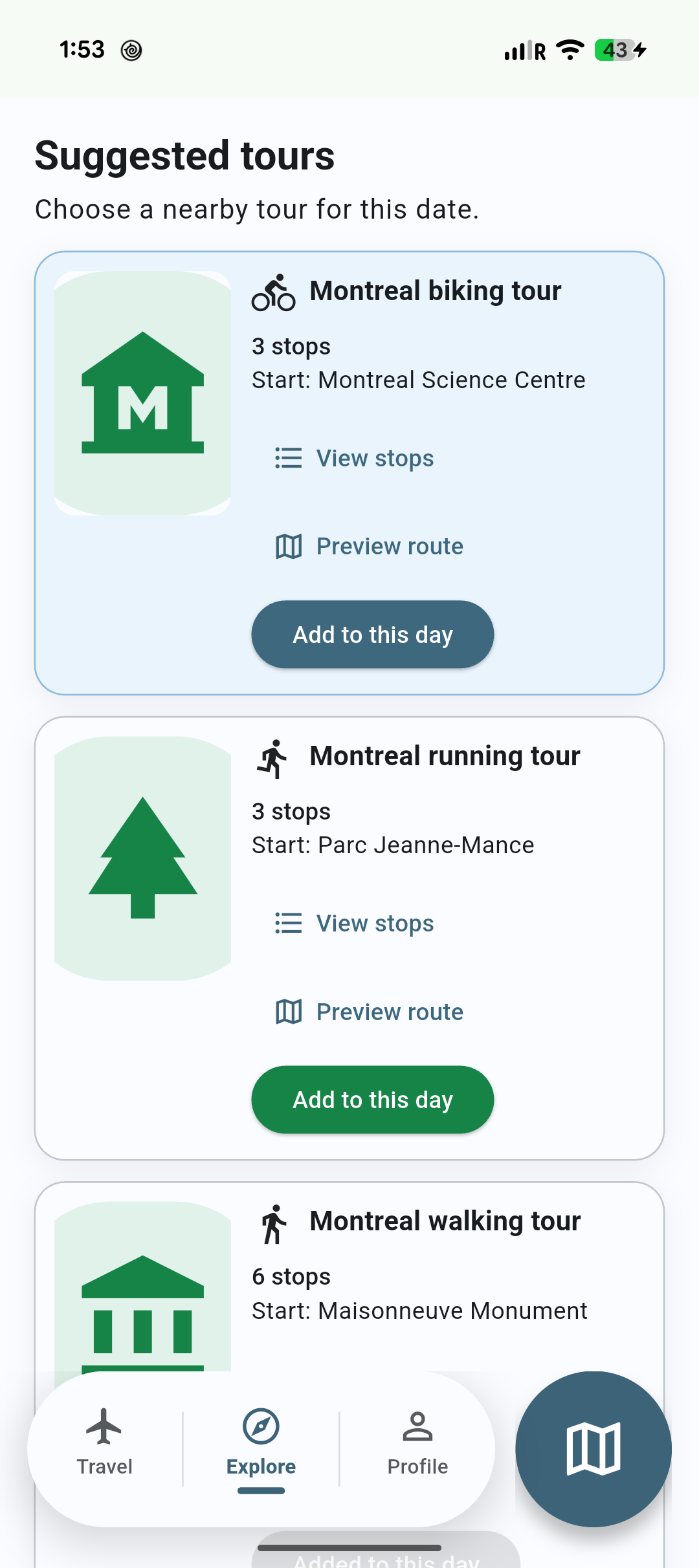 Mobile Explore preview showing Montreal biking and running tour cards with stop counts, starting places, View stops, Preview route and Add to this day controls.