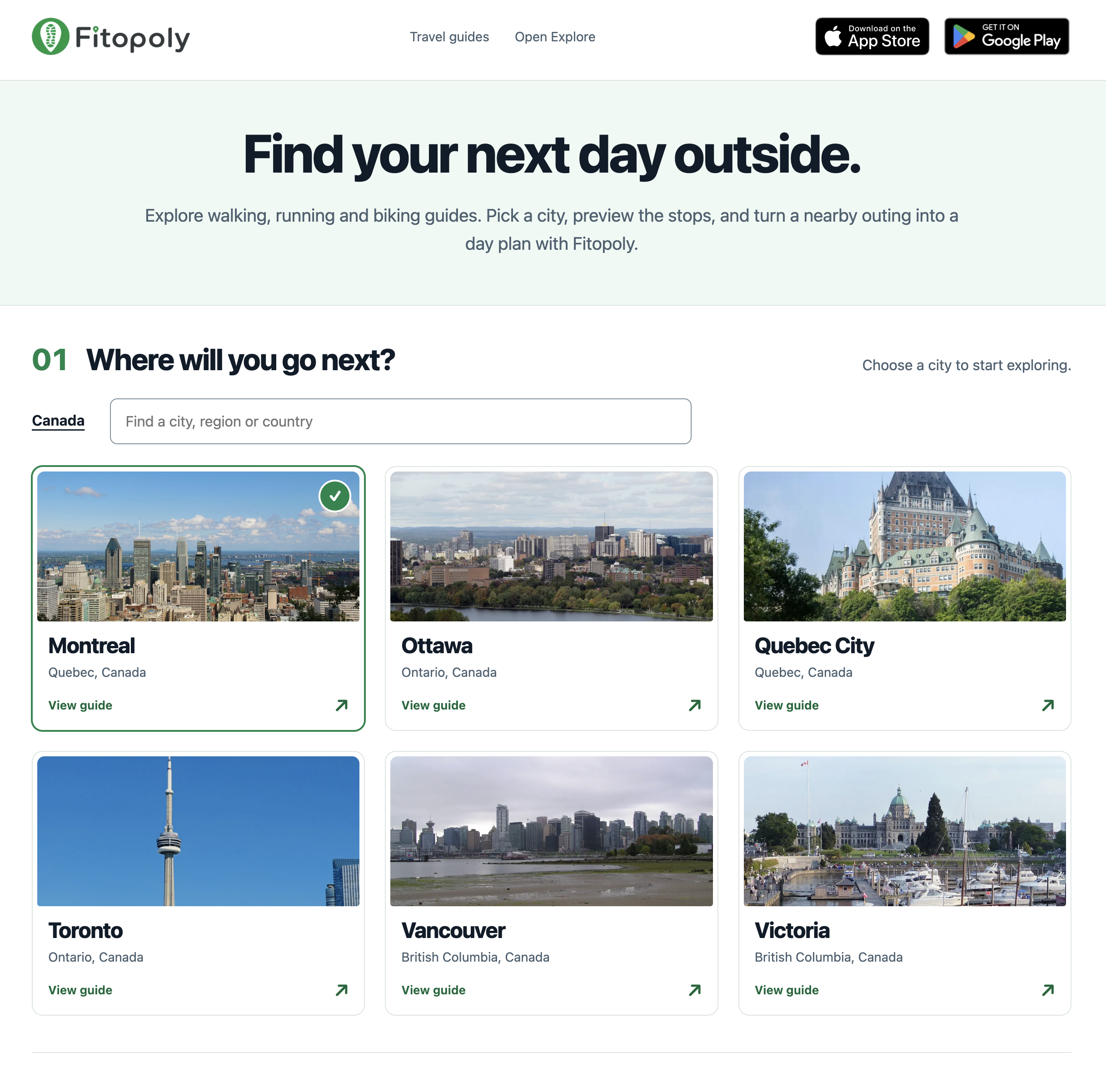 Fitopoly Travel Guides directory showing Montreal selected alongside Ottawa, Quebec City, Toronto, Vancouver and Victoria, with a city-search field.