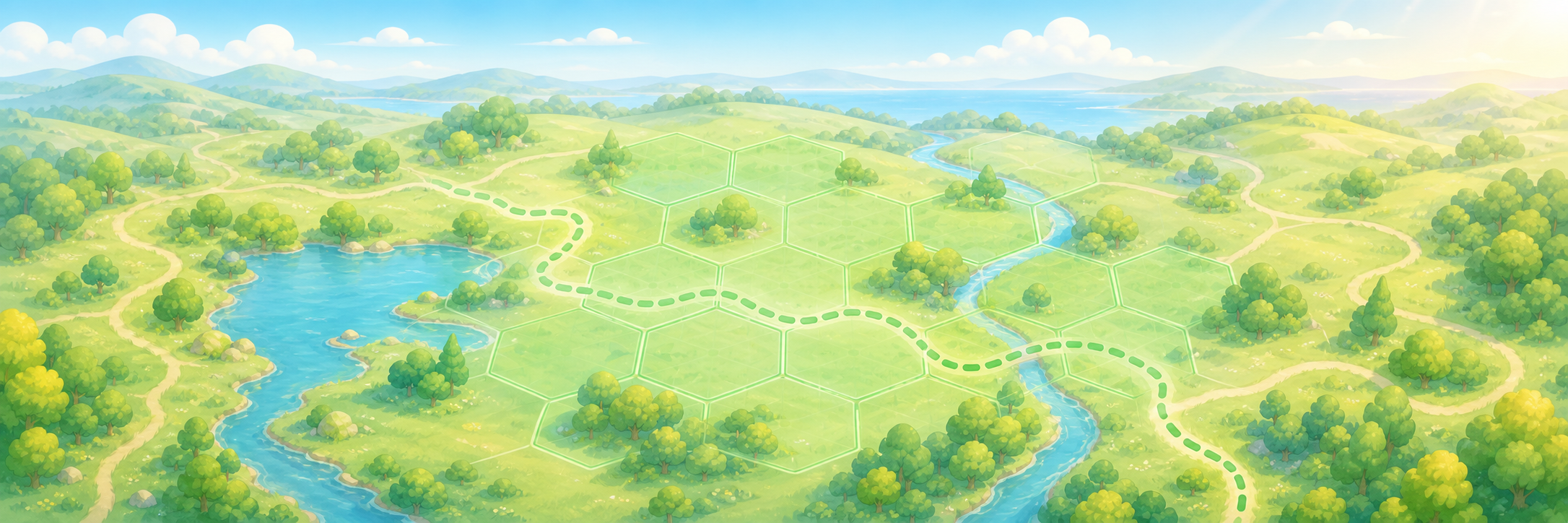 Fitopoly product illustration of a walking route crossing green hex territories through a landscape of trees, lakes, and hills.
