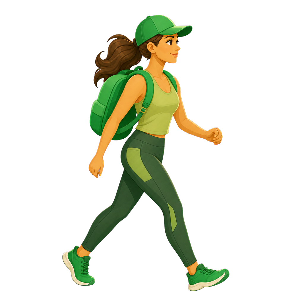 Fitopoly’s illustrated walking character in green clothing, carrying a backpack.
