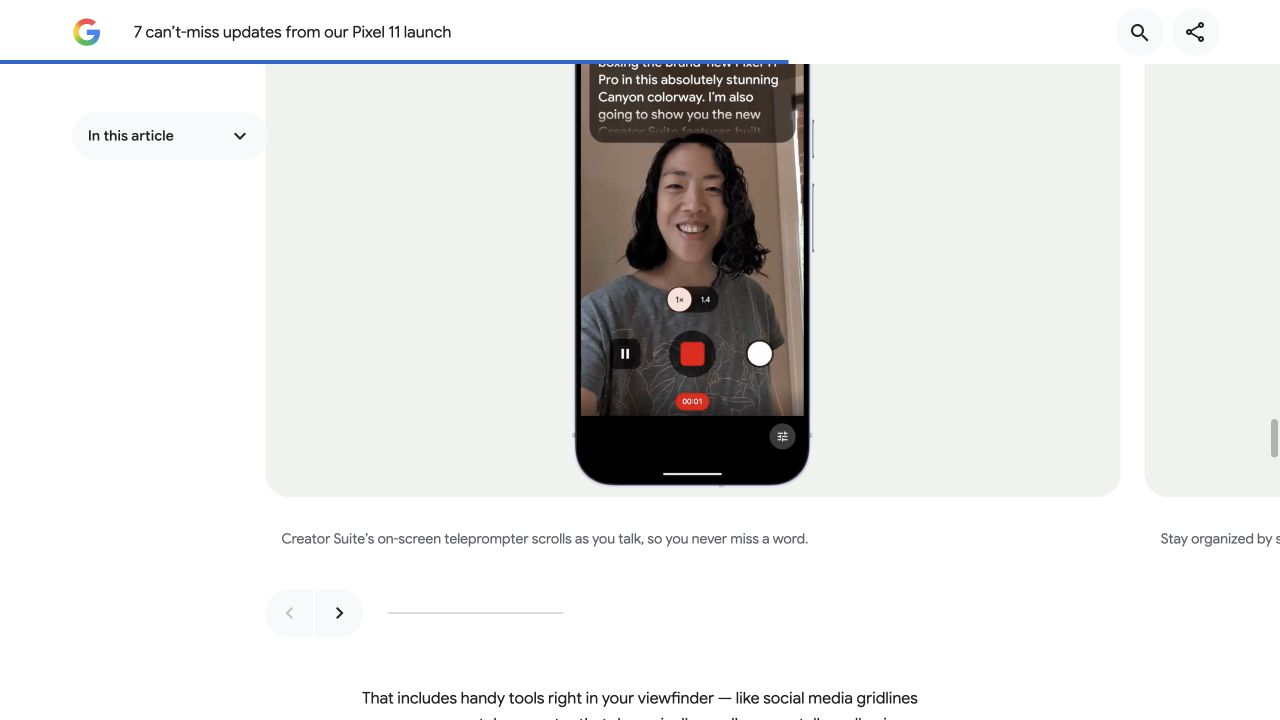 Google’s official Pixel 11 launch article showing the Creator Suite teleprompter running in Pixel Camera.