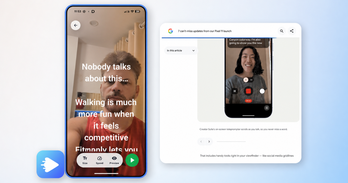 Teleflow prompting on a phone beside Google’s official Pixel 11 Creator Suite teleprompter demonstration.