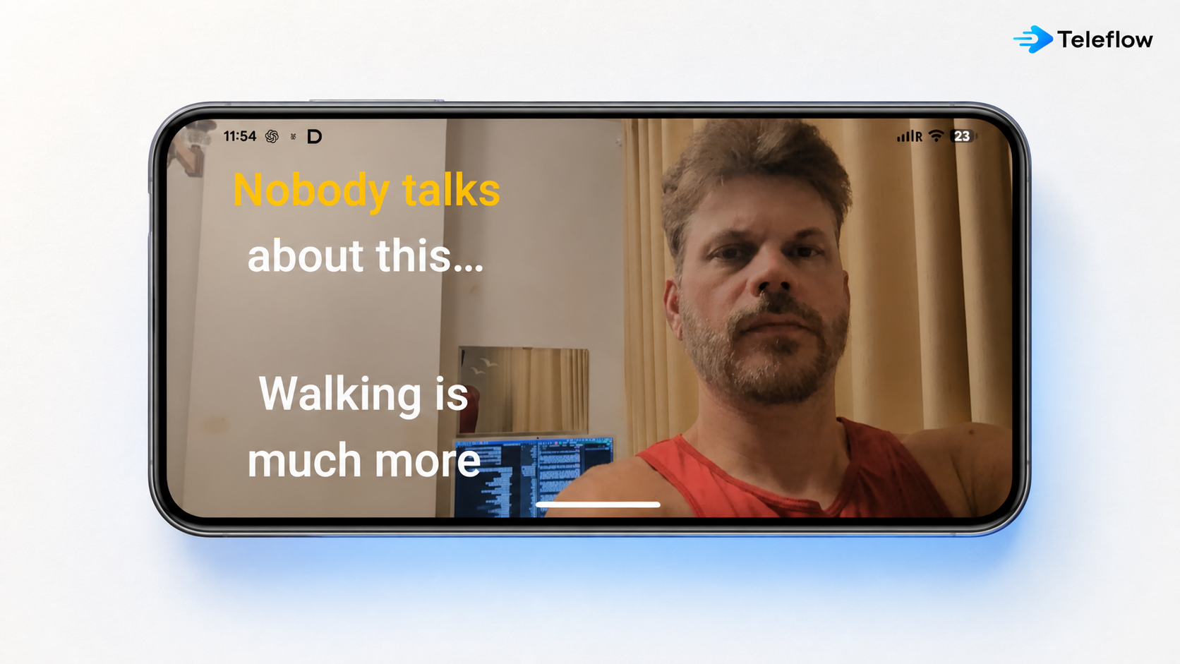 Teleflow displaying a script over the front camera in landscape orientation.