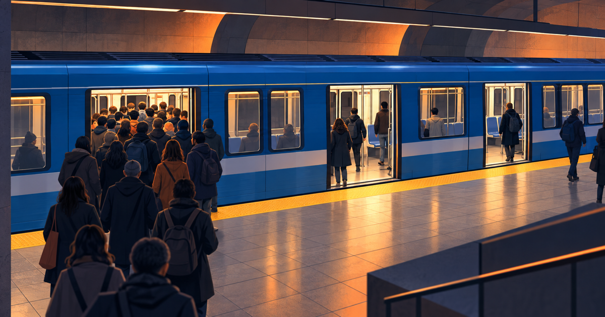 Editorial illustration of riders clustering at one métro train door while other doors are quieter; this is a thought experiment, not measured Montréal crowding.