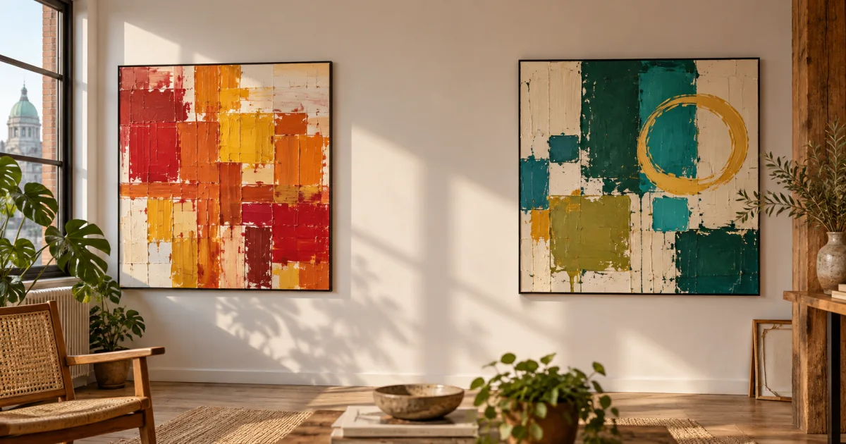 Generated editorial scene of two abstract paintings on a sunlit wall, with open space between them.