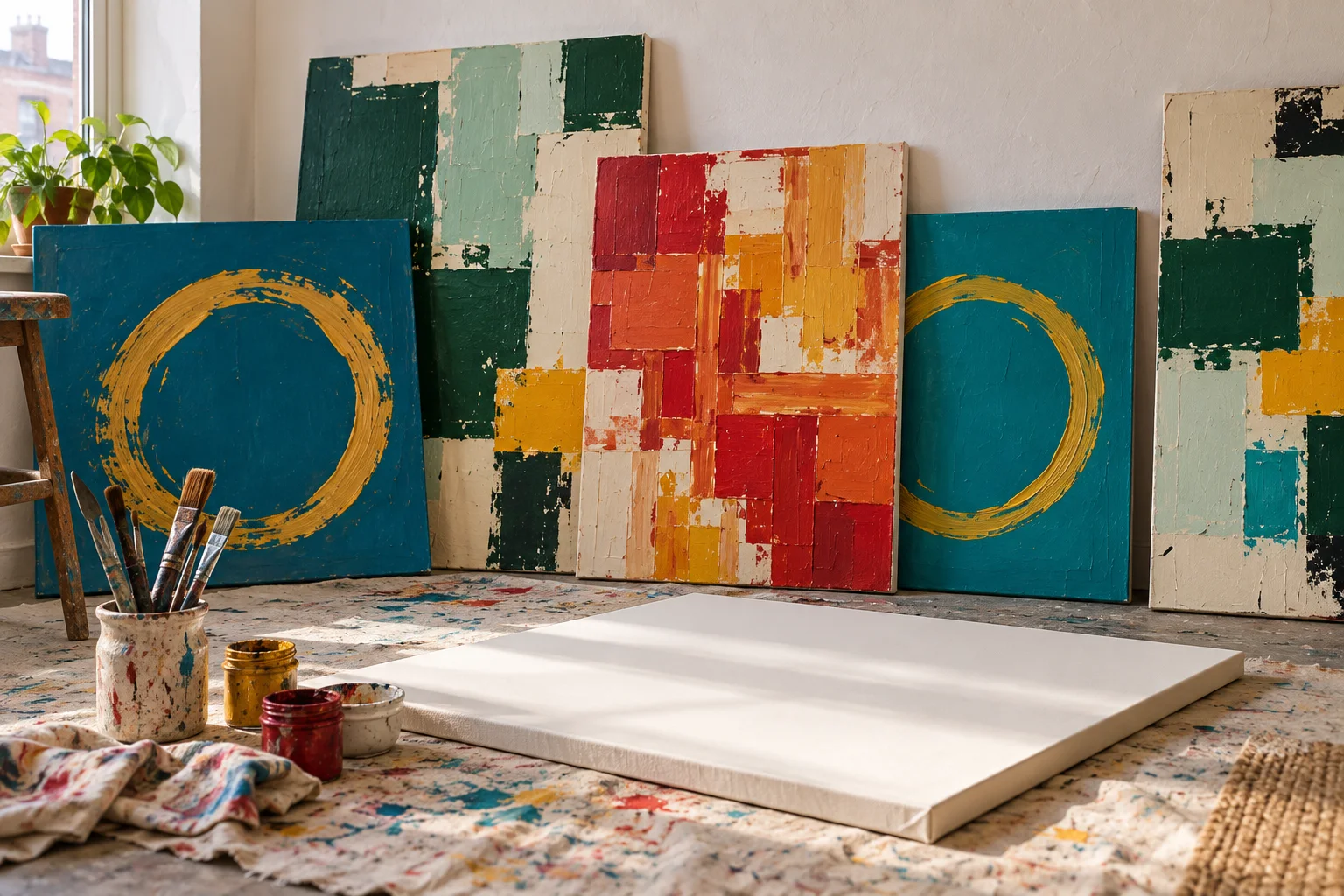 Generated studio scene with abstract canvases leaning against a wall and a blank canvas ready for new work.