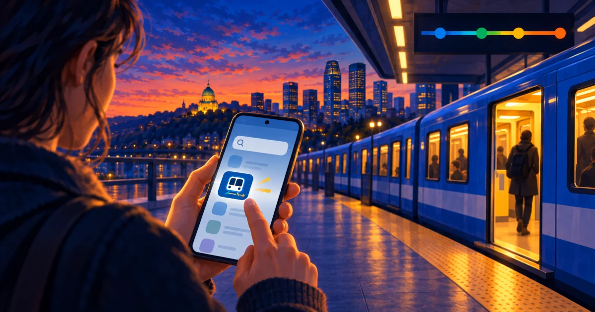 Generated illustration of a rider finding a métro app on a phone beside a blue train at sunset.