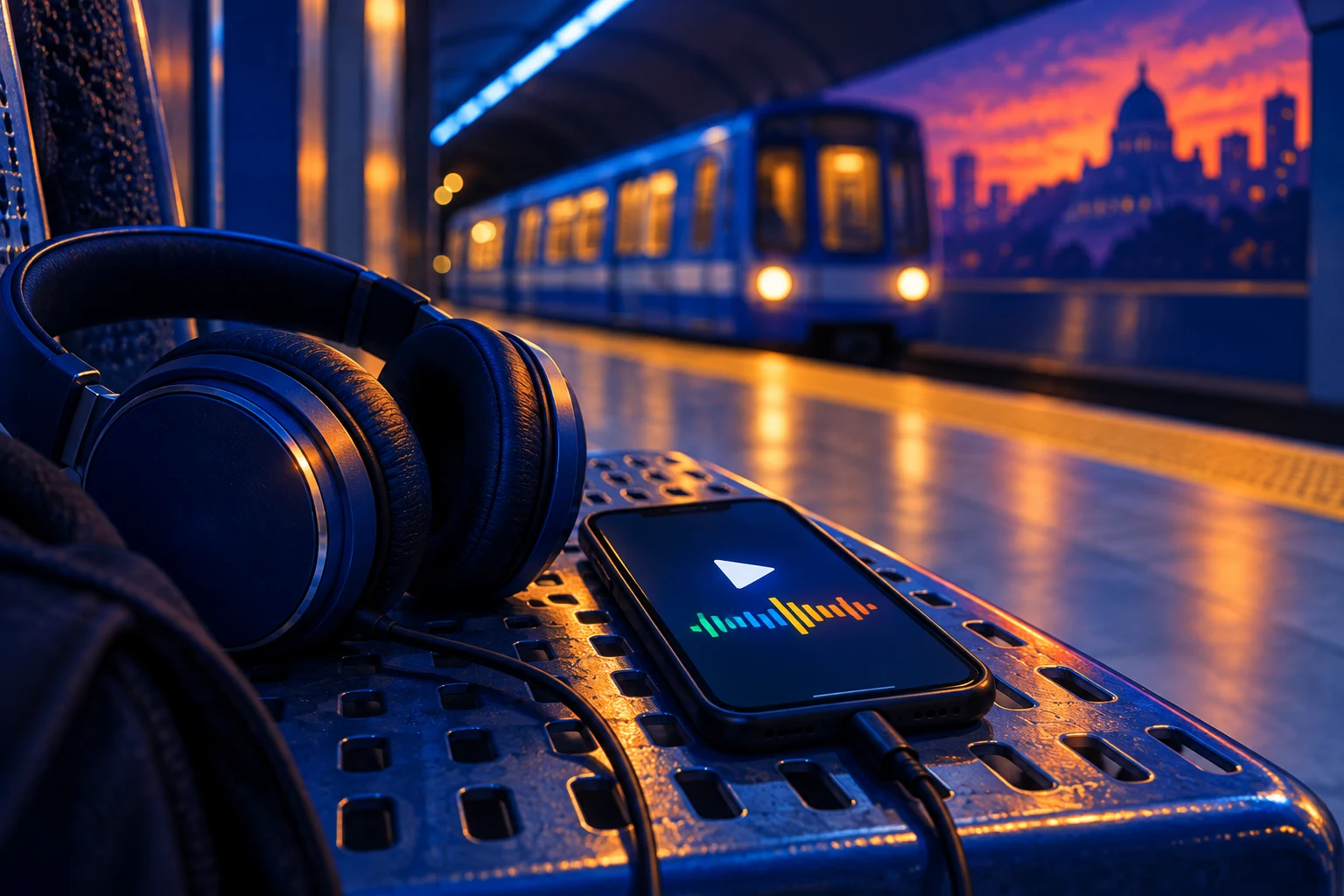 Generated illustration of headphones and a phone on a métro platform bench, with a blue train in the background.
