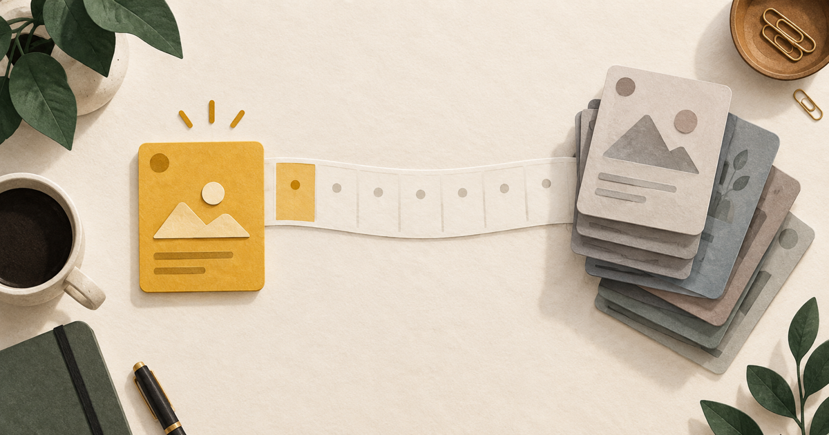 Editorial illustration of one gold project card connected by a weekly calendar ribbon to a stack of other project cards; not a TaskClaw screen.