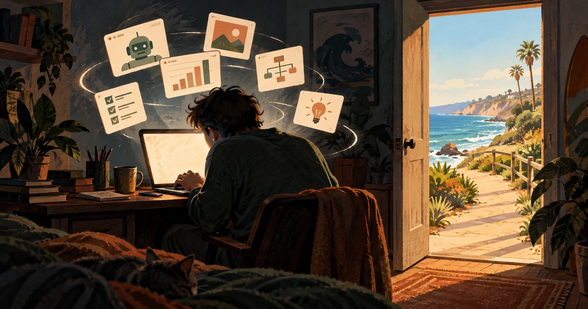 AI-generated editorial illustration of an anonymous person absorbed in a laptop and circling project ideas, beside an open door onto a sunny La Jolla coastal path.