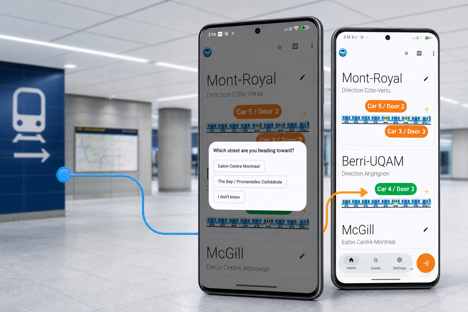 Two phones showing MTL Exits route planning and street-exit selection inside a Montréal metro station.