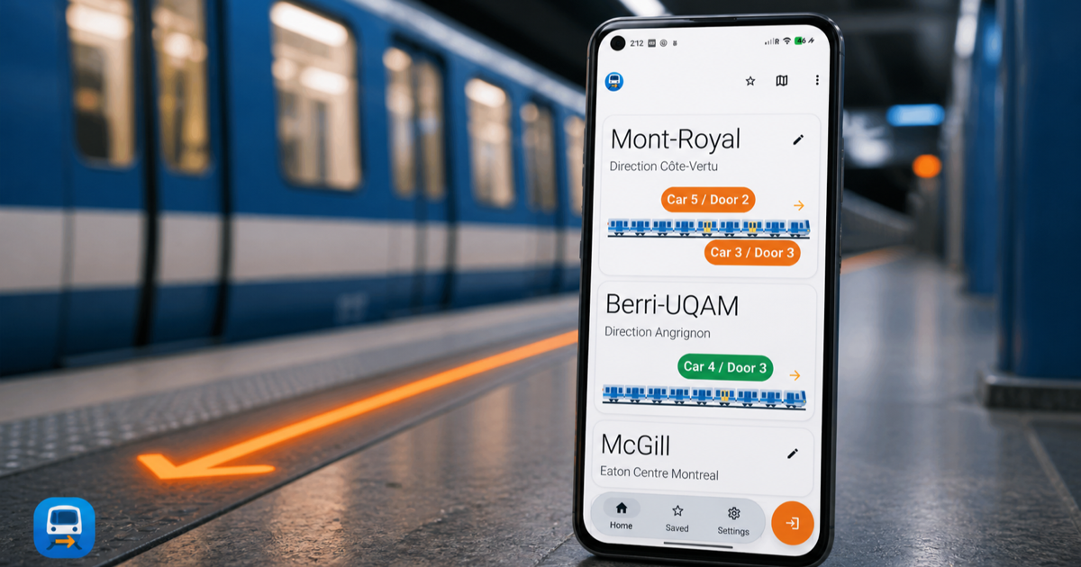 MTL Exits showing recommended Montréal metro cars and doors on a phone beside a train platform.
