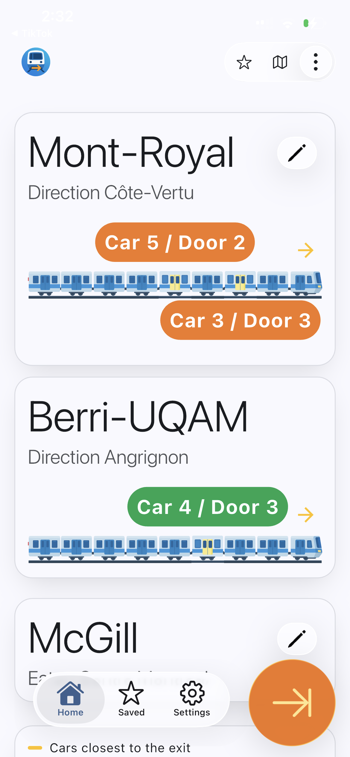 MTL Exits iPhone screenshot showing car and door guidance on a route through Mont-Royal, Berri-UQAM, and McGill.