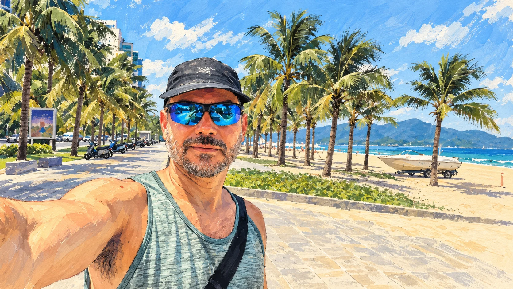 AI-illustrated selfie of Felipe in a cap and blue sunglasses beside a palm-lined Vietnam beach.