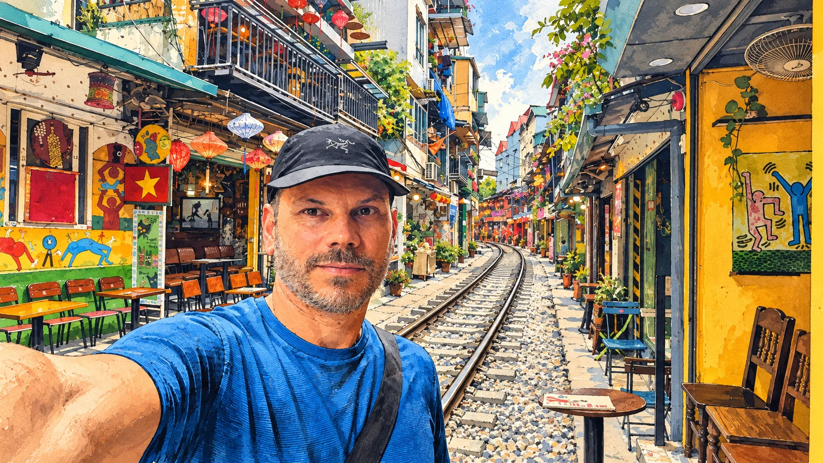 AI-illustrated version of Felipe’s selfie on Hanoi Train Street, with cafés and railway tracks behind him.