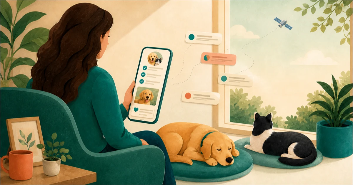 A caregiver reviews an organized VisiTails pet-care report while a dog and cat rest nearby and a satellite passes outside.