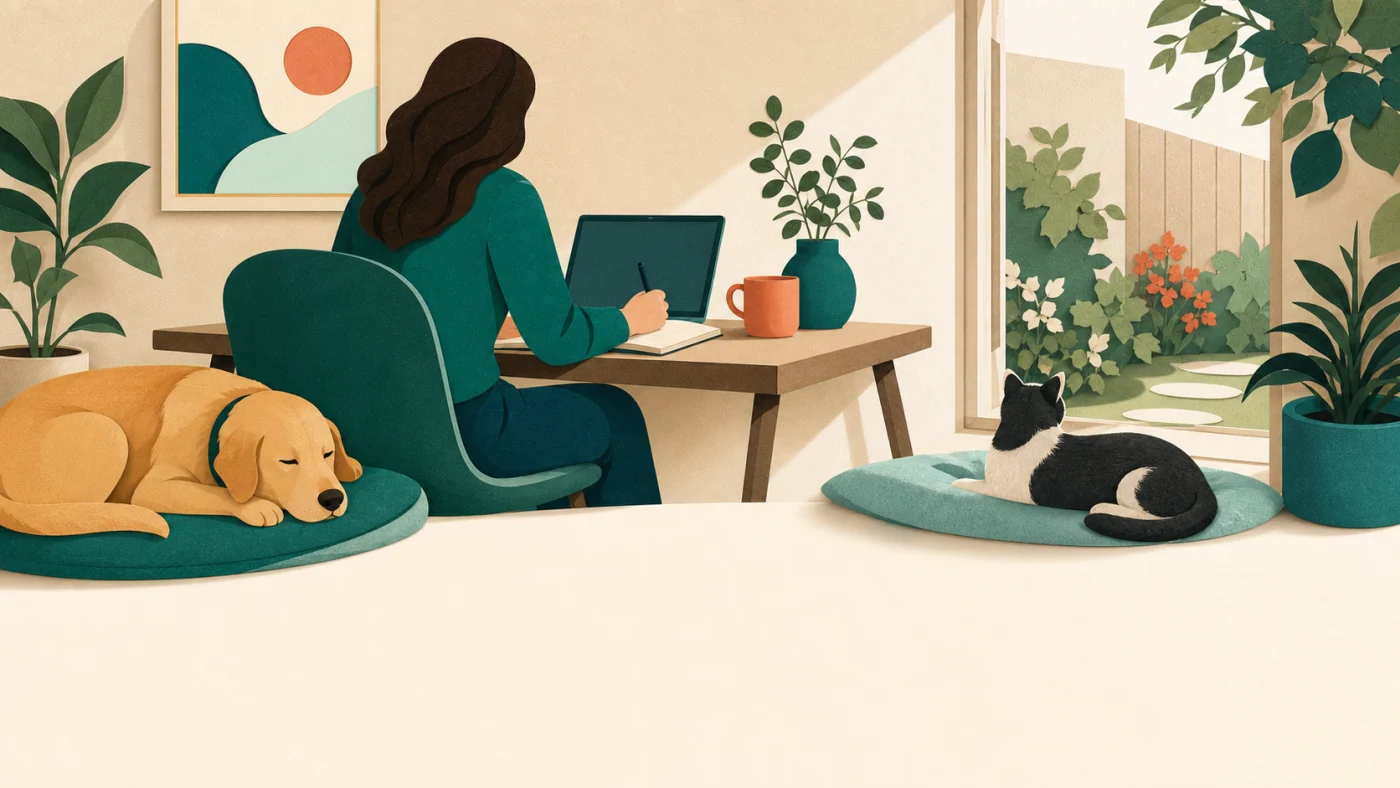 A VisiTails caregiver working at a desk while a dog and cat rest nearby in a warm home.