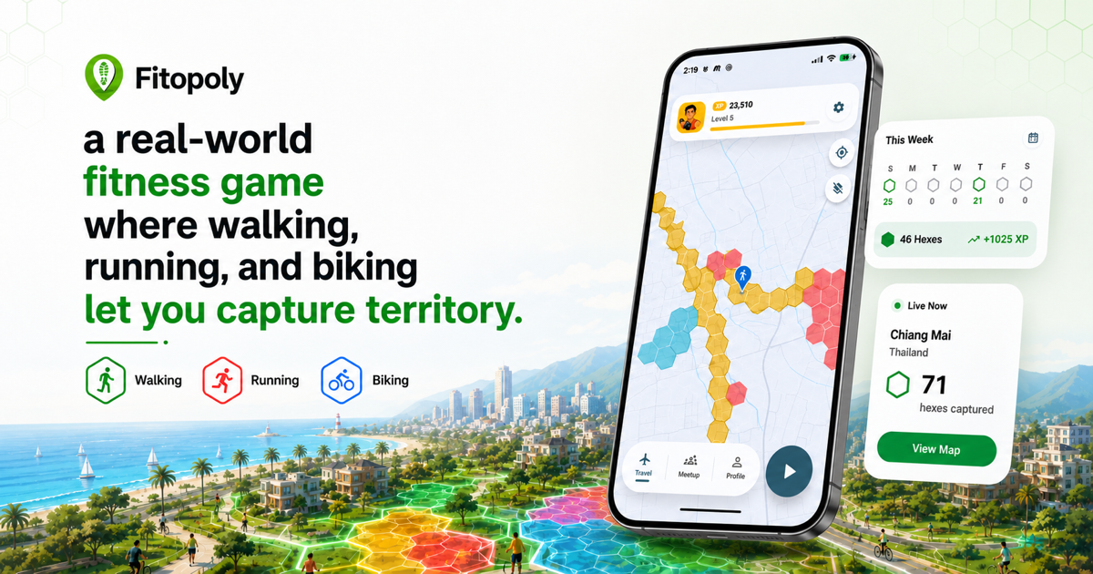 Fitopoly map game showing a phone, captured hex territories, and walking, running, and biking modes.
