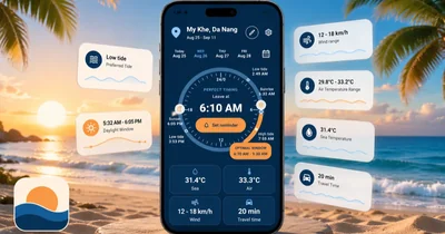 Bora Praia showing a recommended beach departure time alongside tide, daylight, temperature, wind, sea temperature, and travel-time conditions.