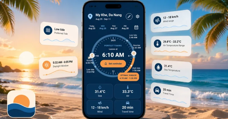 Bora Praia showing a recommended beach departure time alongside tide, daylight, temperature, wind, sea temperature, and travel-time conditions.