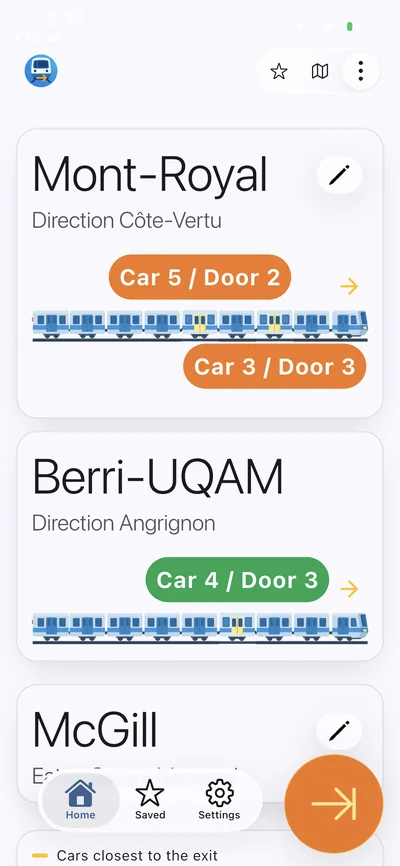 Real MTL Exits route screen showing direction and car-and-door recommendations for a trip through Mont-Royal, Berri-UQAM, and McGill.