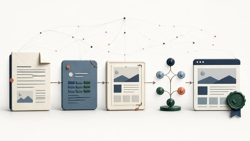 A file, metadata card, page template, version-control graph, and validated website connected as one publishing workflow.
