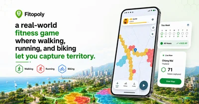 Fitopoly map game showing a phone, captured hex territories, and walking, running, and biking modes.