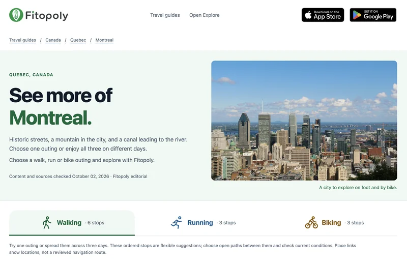 Fitopoly’s Montreal city guide with walking, running and biking choices beneath a skyline photograph.