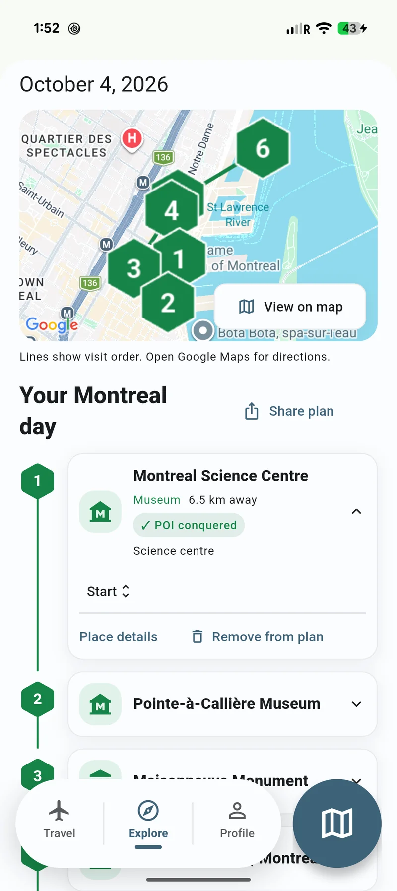 Mobile Explore preview of an October 4 Montreal day plan, with numbered hex markers, a Share plan action, and an expanded Montreal Science Centre stop showing start, details and removal controls.