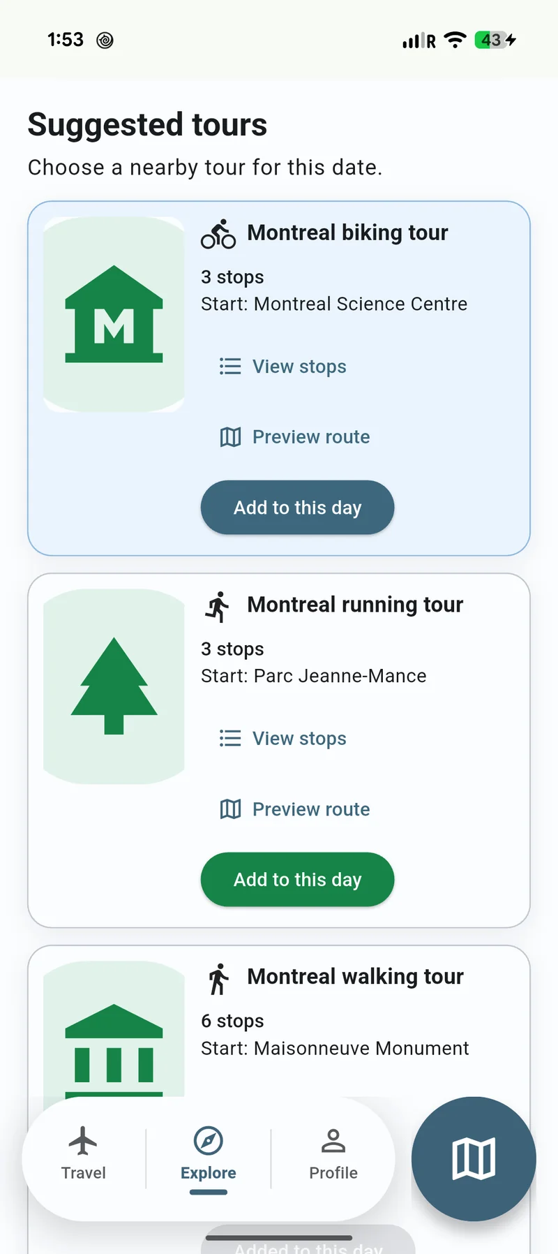Mobile Explore preview showing Montreal biking and running tour cards with stop counts, starting places, View stops, Preview route and Add to this day controls.