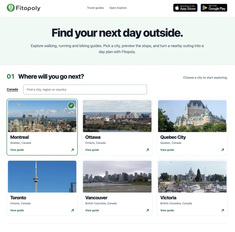 Fitopoly Travel Guides directory showing Montreal selected alongside Ottawa, Quebec City, Toronto, Vancouver and Victoria, with a city-search field.