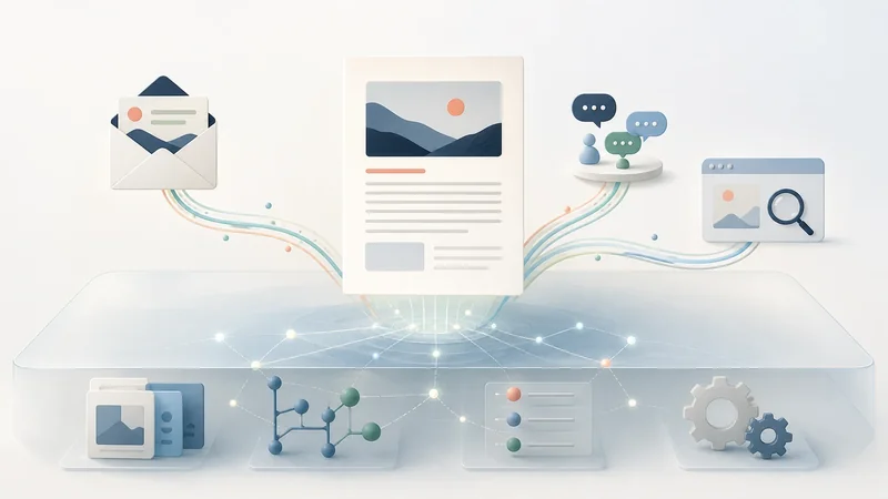 A published article connected to email, community discussion, and search while files, version history, metadata, and deployment remain beneath a translucent layer.