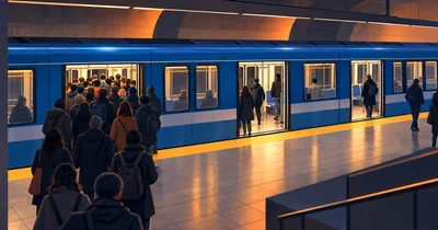 Editorial illustration of riders clustering at one métro train door while other doors are quieter; this is a thought experiment, not measured Montréal crowding.